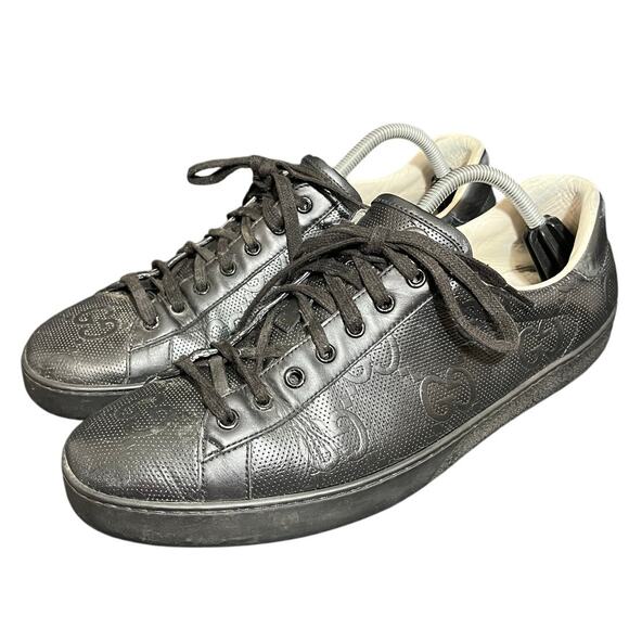 GUCCI Black Ace GG Embossed Sneaker Mens Size 11.5 FAIR CONDITION Shoes Leather - Picture 1 of 12